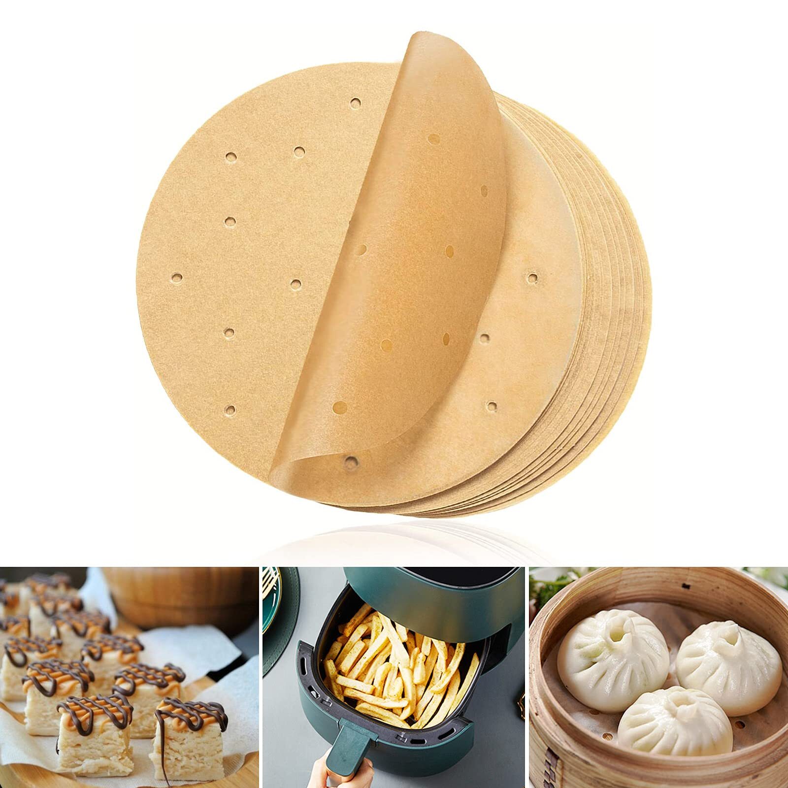 100 Stück Air Fryer Pergamentpapier Rund, 20,3 Cm, Perforiert – Antihaftbeschichtet, Für Heißluftfritteuse & Dampfgarer