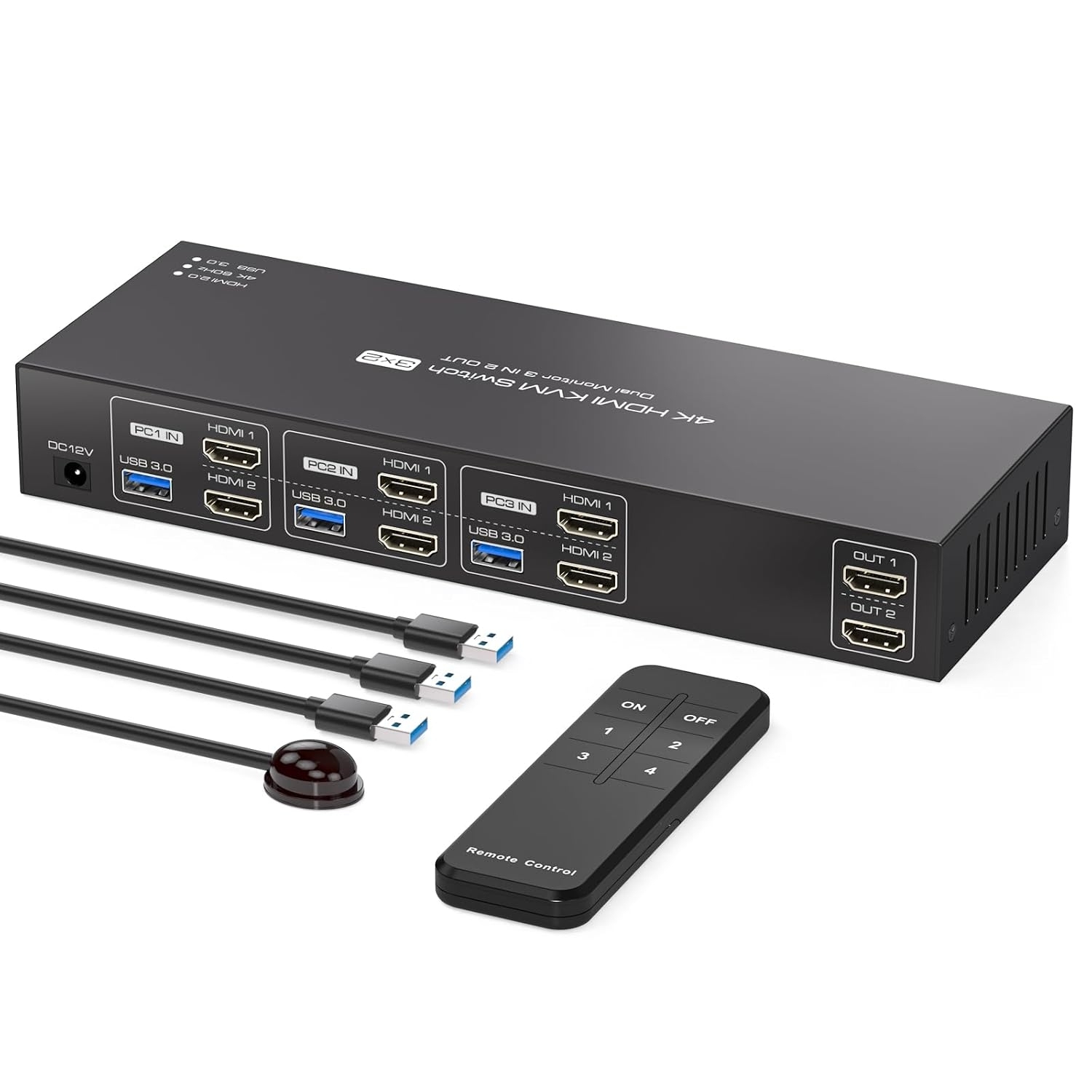 Commutateur KVM USB3.0 HDMI 3 PC 2 écrans 4K60Hz - Partage Clavier/souris Et 4 Ports USB Entre 3 Ordinateurs
